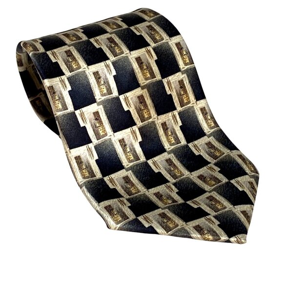 Pierre Cardin Vintage 60s Black Gold Geometric 100% Silk Men's Dress Neck Tie - Picture 5 of 9